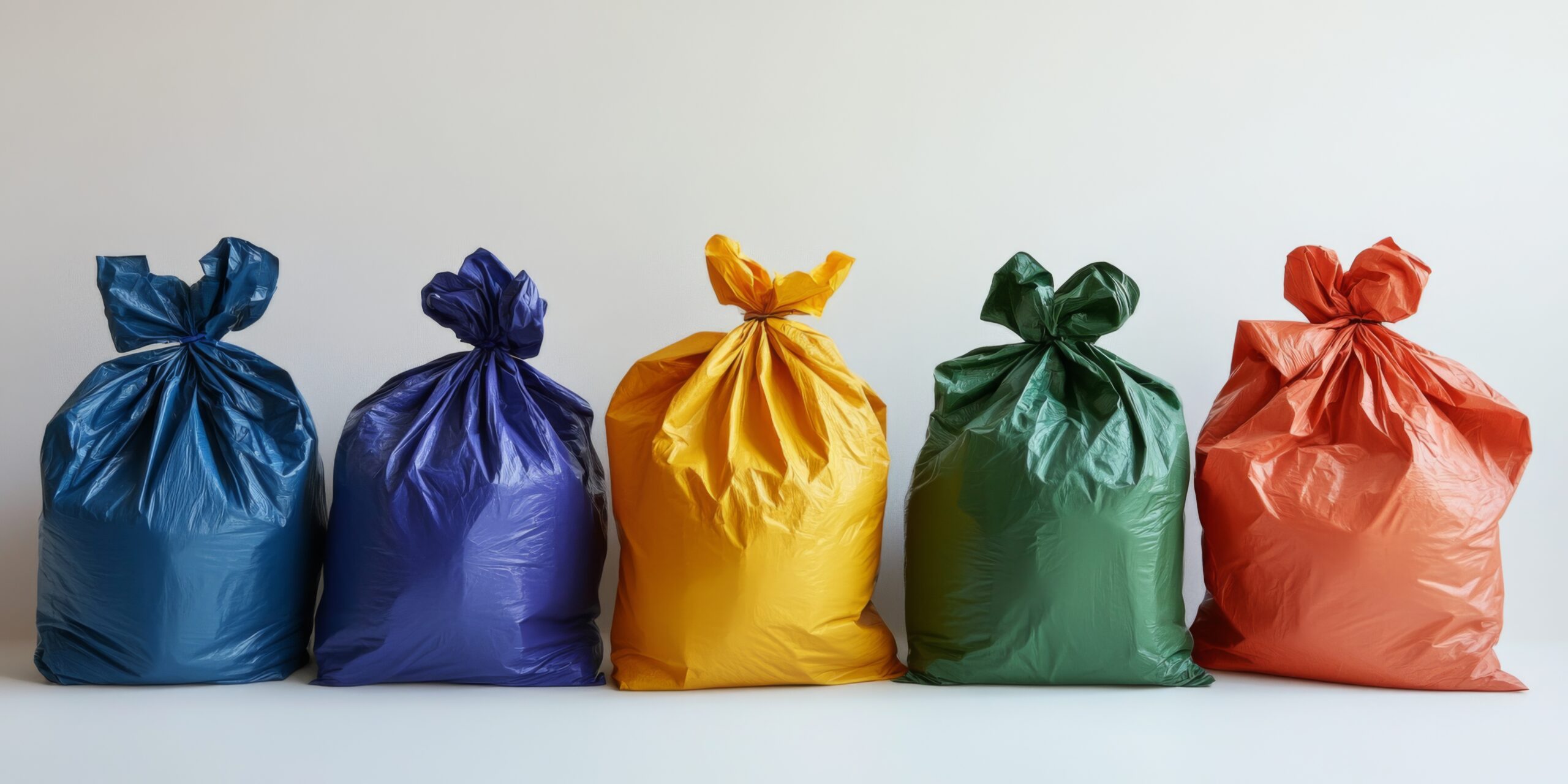 Colorful garbage bags lined up in a row. Each bag has a unique color including blue, purple, yellow, green, and orange. Ideal for waste management and recycling themes. AI